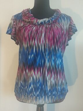 Worthington Blue & Pink Ikat-Print Cowl Neck Blouse